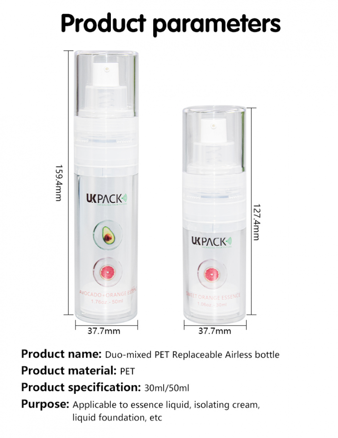 30ml/50ml DUO-Mixed PET Replaceable Airless Bottle Skin Care Packaging UKA84 9